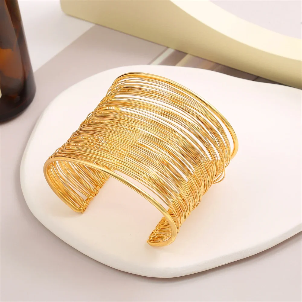 خمر Hyperbolic الطبقات مطلية بالذهب واسعة سلك سوار الكفة الإسورة للنساء مبالغ فيها المعصم التفاف الإسورة اليد مجوهرات هدية #5