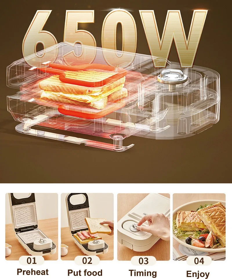 220V Electric Sandwich Maker Timing Waffle Maker Automatic Non-sticky Toaster Multifunctional Kitchen Breakfast Maker 650W