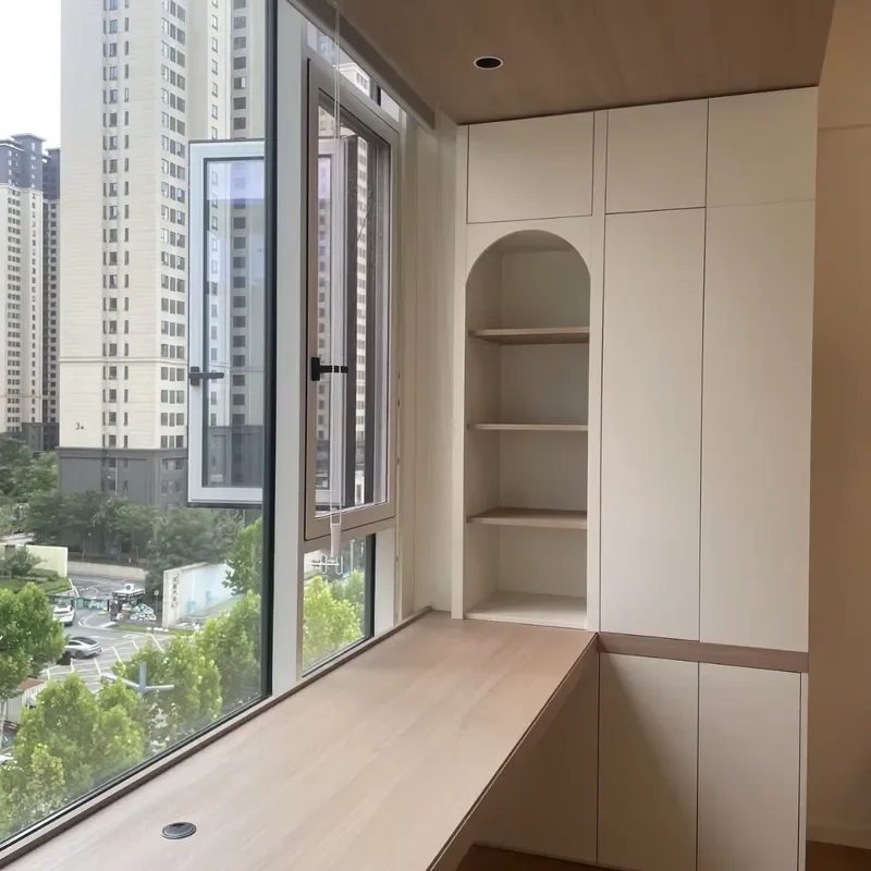 Bespoke L Shaped Study Desk Bookcase Unit Modern Minimalist Built in Library Wall Cabinet with Open Arched Shelf for Bedroom