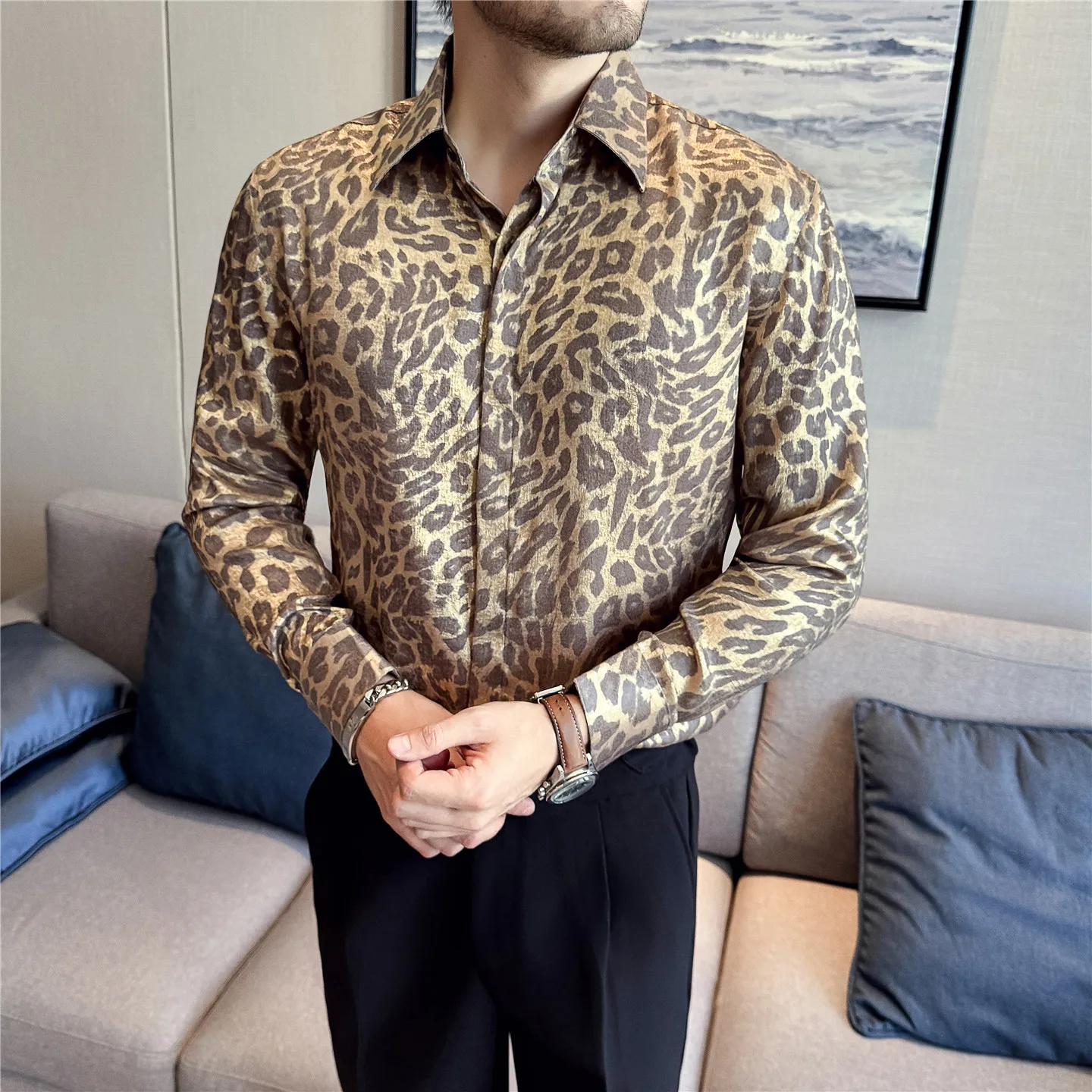 Luxury Gold Leopard Print Shirt Men Autumn 2025 High-quality Long Sleeved Casual Business Shirt Social Banquet Party Costumes
