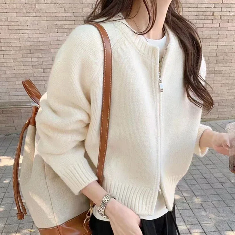 

Autumn Winter Women's Long Sleeve O Neck Zip-Up Knitted Cardigan, Long Sleeve Sweater, Korean Style Chic Casual Fashion