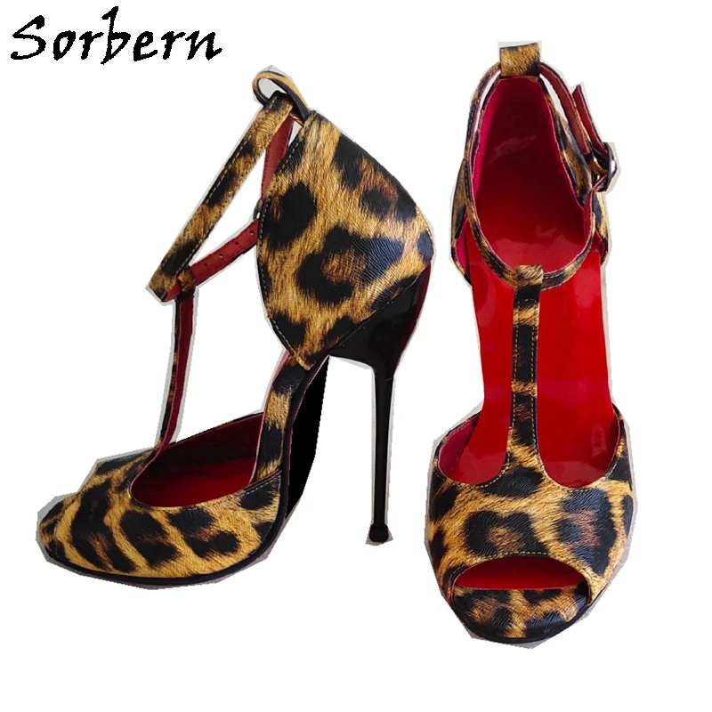 

Sorbern Leopard Women Sandal T-Strap Cute Open Toe Stilettos High Heel 14Cm Size 37 Real Leather Steel Heeld Shoe Customized