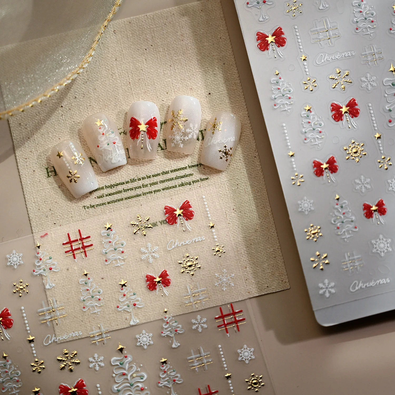 Gold White Snowflake Tree Big Red Bowknot Lovely Christmas 3D Self Adhesive Nail Art Sticker 5D Embossed Reliefs Manicure Decals