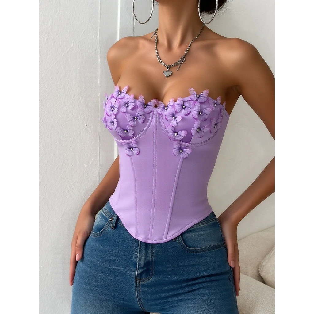 Low- Cut Geometric Steel Ring Fish Bone Wrap Chest Top Hot Selling Spicy Girl  Print Tube Top Women's Fashion Summer