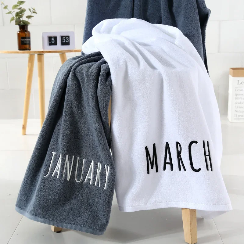 Embroid Month Cotton Bath Towel Adult Soft Absorbent Towels Bathroom Sets Large White Gray Beach Towels For Home 70x140cm