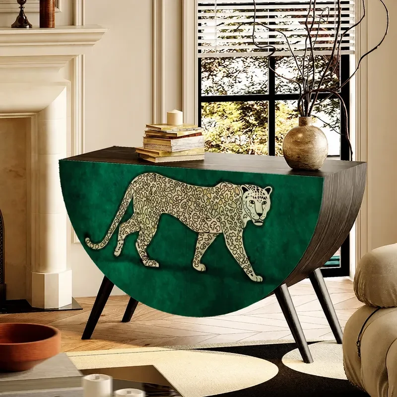 Green Leopard Solid Wood Curved Entrance Cabinet Living Room Decorative Storage Cabinet Kitchen Side Cabinet