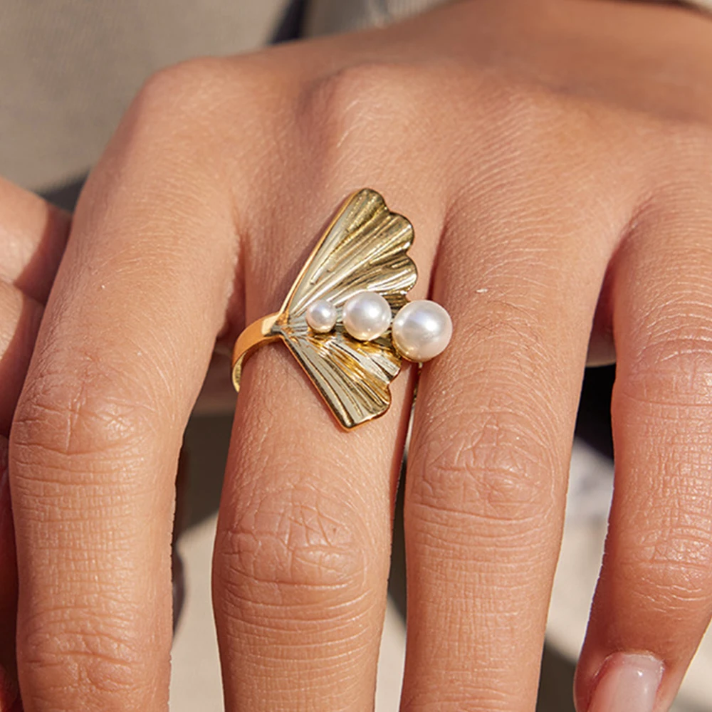 YHTOT Fashion Trend Stainless Steel Gingko Leaf Pearl Ring Adjustable Opening Ring Waterproof Women's Jewelry Party Gift