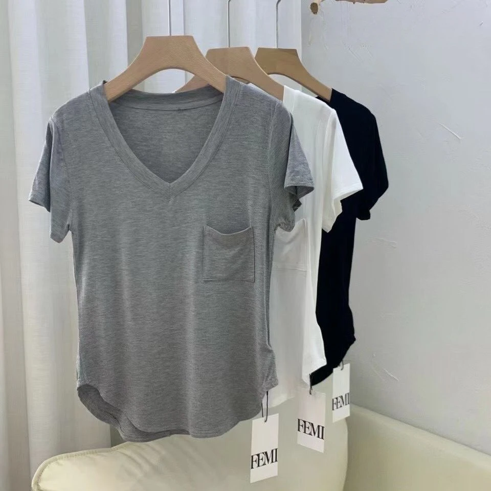 

Modal Cotton Pendant Clavicle T-shirt Women's Summer Version Medium and Long Bottoming Shirt Short-sleeved Casual V-neck Top