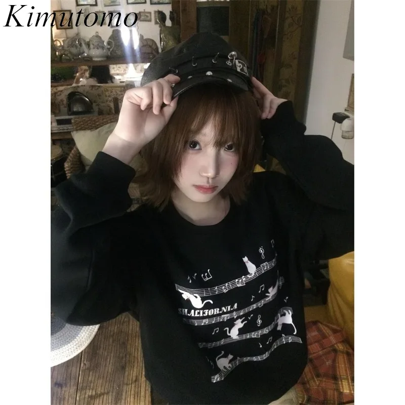 

Kimutomo толстовки женские винтажные с круглым вырезом осень-зима свободные модные гранж с мультяшным принтом Y2k эстетические толстовки в стиле Харадзюку