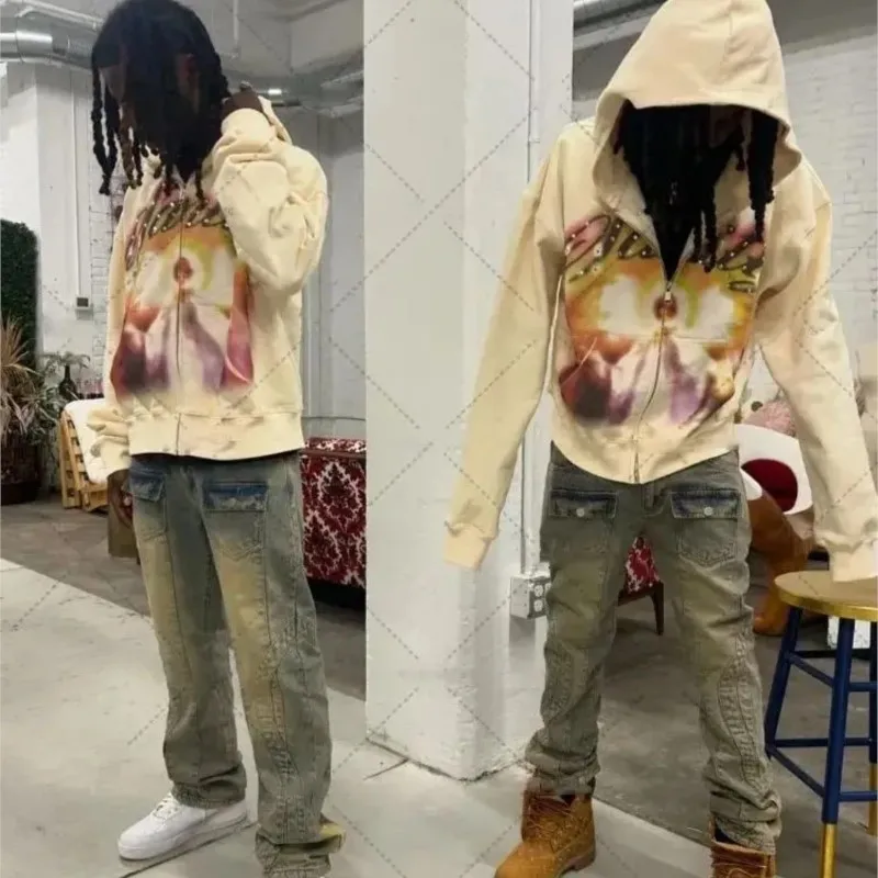 

Letter Print Hoodie Men Women Rhinestones Oversized Streetwear Y2K Zip Up Long Sleeve Hooded Sweatshirt Beige Artistic Graphic