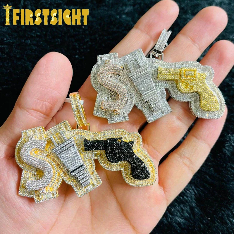 New Iced Out Bling CZ Plug Dollar Pendant Necklace Two Tone Color Zircon Money Power Respect Charm Men\'s Women Hip Hop Jewelry