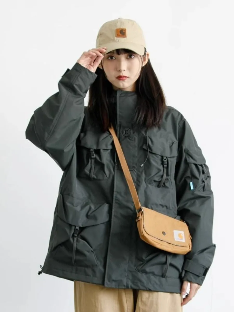 Multi-pocket Loose Casual Outdoor Coat Women Waterproof Windbreaker Cargo Jacket Streetwear Cityboy Unisex Casual Outerwear