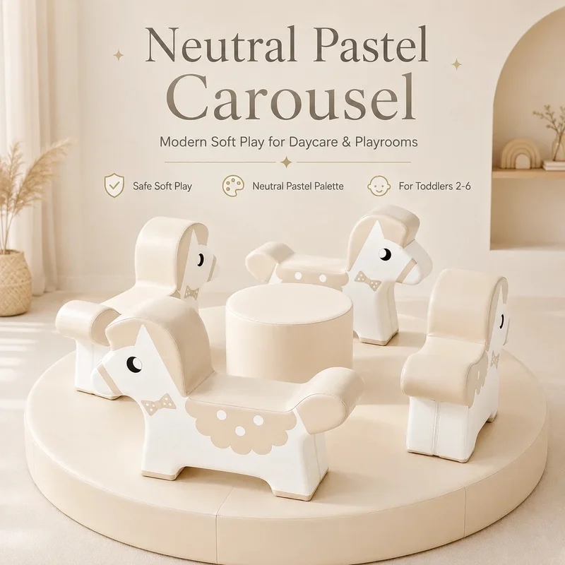 Custom Pastel Soft Play Carousel Kids Indoor Playground Equipment Neutral Soft Merry Go Round Toddler Spinning Ride Play Center