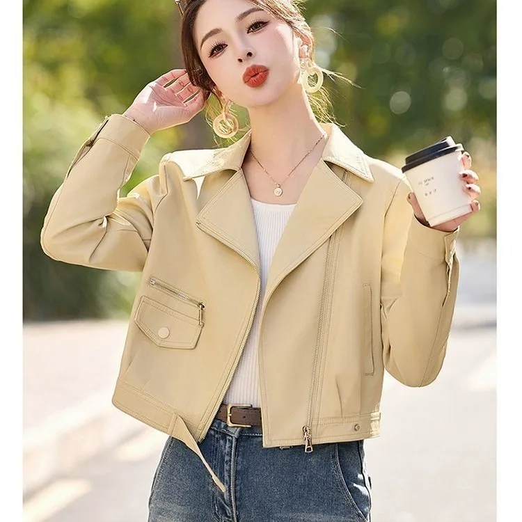 Faionable ort Slim Fit Leather Jaet Women's Outerwear 2025 New Sle Autumn Season Ladies' Coat Sli Motorcycle
