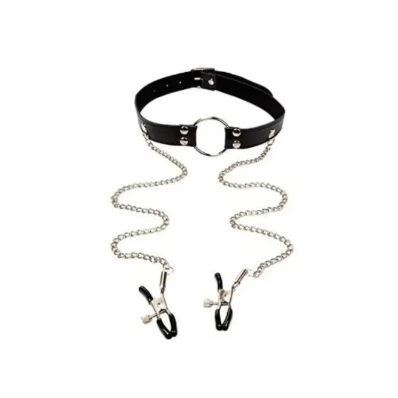 Sex Tools for Couples Faux Leather Choker Collar with Nipple Breast Clamp Clip Chain Couple BDSM Bra Harness Chest Straps Women