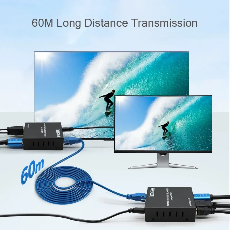 1080P HDMI KVM موسع 60 متر عبر Rj45 Cat5e/6 كابل HDMI KVM موسع الفيديو دعم USB ماوس لوحة المفاتيح التحكم لتلفزيون الكمبيوتر NVR