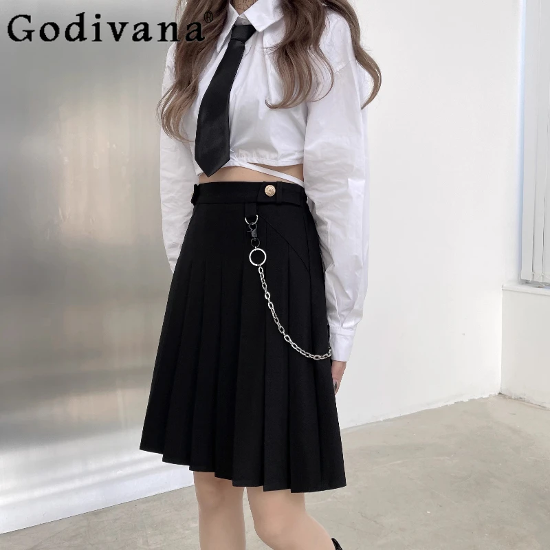 

Large Size High Waist Elastic Waists Chain Jk Pleated Skirt Summer New A-line Age-reducing Versatile Korean Medium Long Skirts