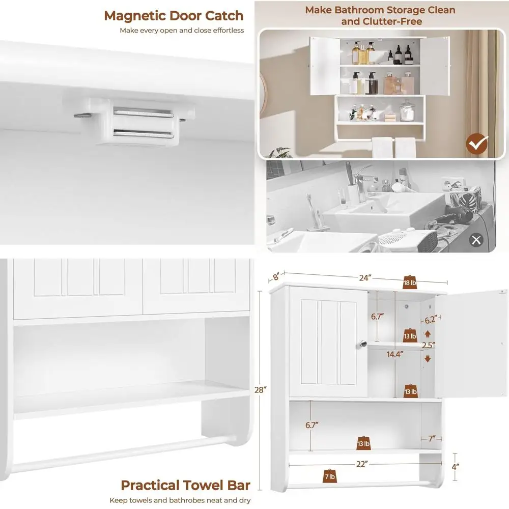 

Настенный шкаф для хранения над унитазом с 2 дверцами и регулируемой полкой, белый