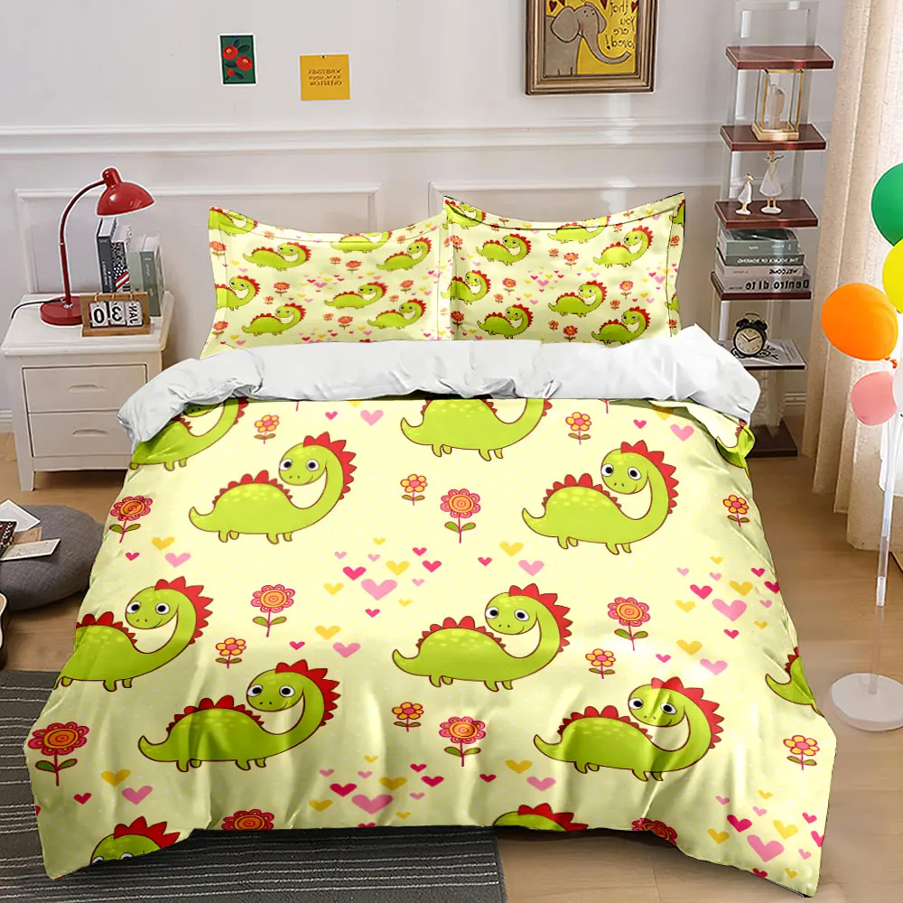 Cute dinosaurs with hearts and flowers Bedding Set for Kids Luxury Gift 3pcs Digital Print Comforter Set Soft Comfortable