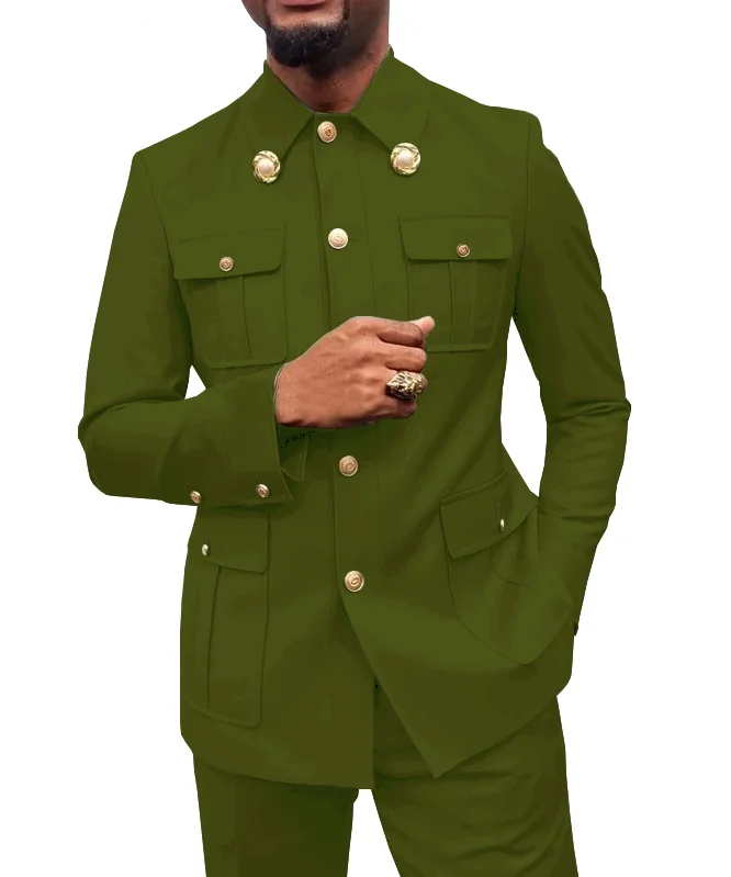 Gwenhwyfar Army Green Safari Men's Suits Tailor-Made Blazers Pants Normal Business Causal Party Singer Groom Wedding Prom