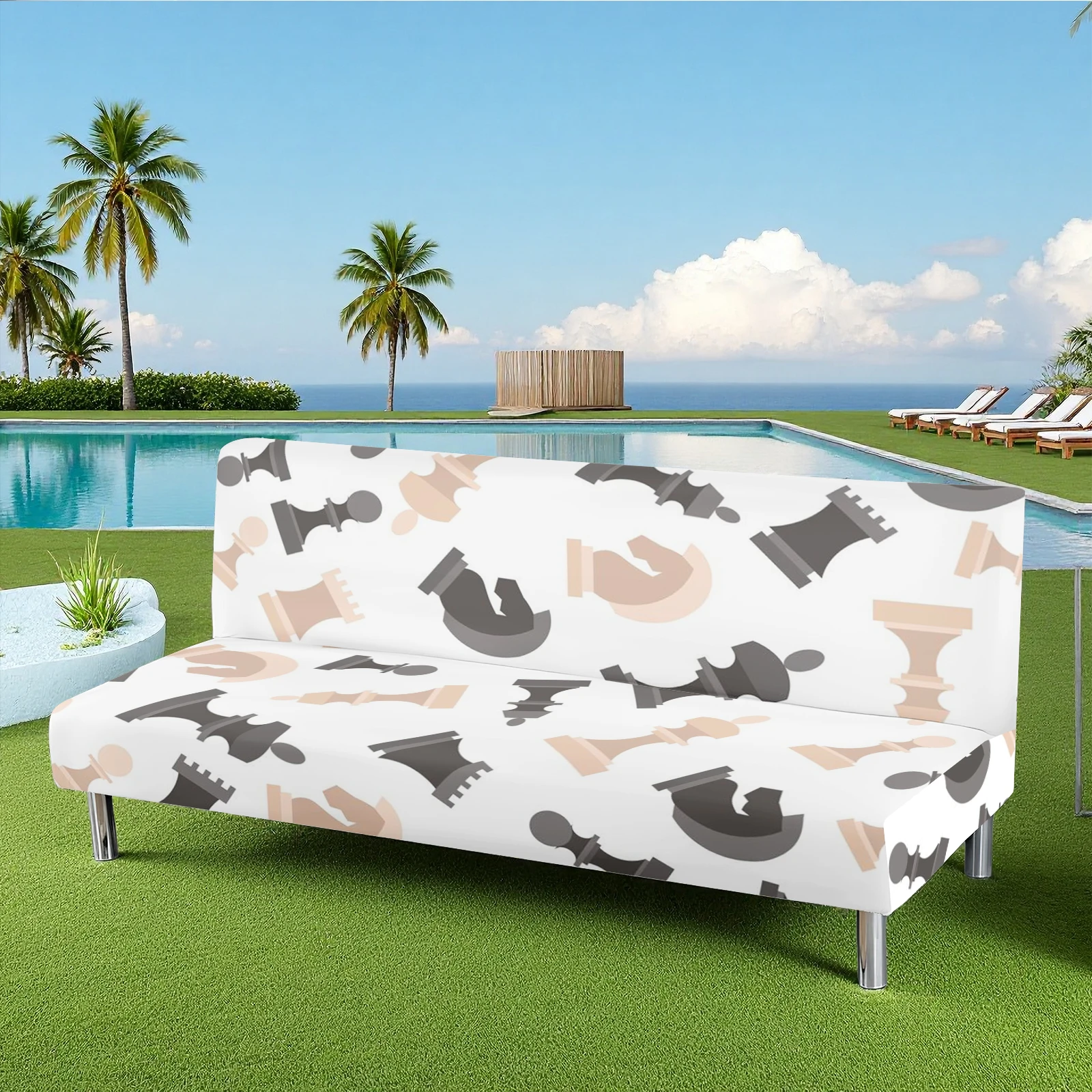 Chess Piece Print Summer Outdoor Sofa Bed Cover, Milk Silk Elastic Fitted Slipcover, Pet - Friendly, Machine