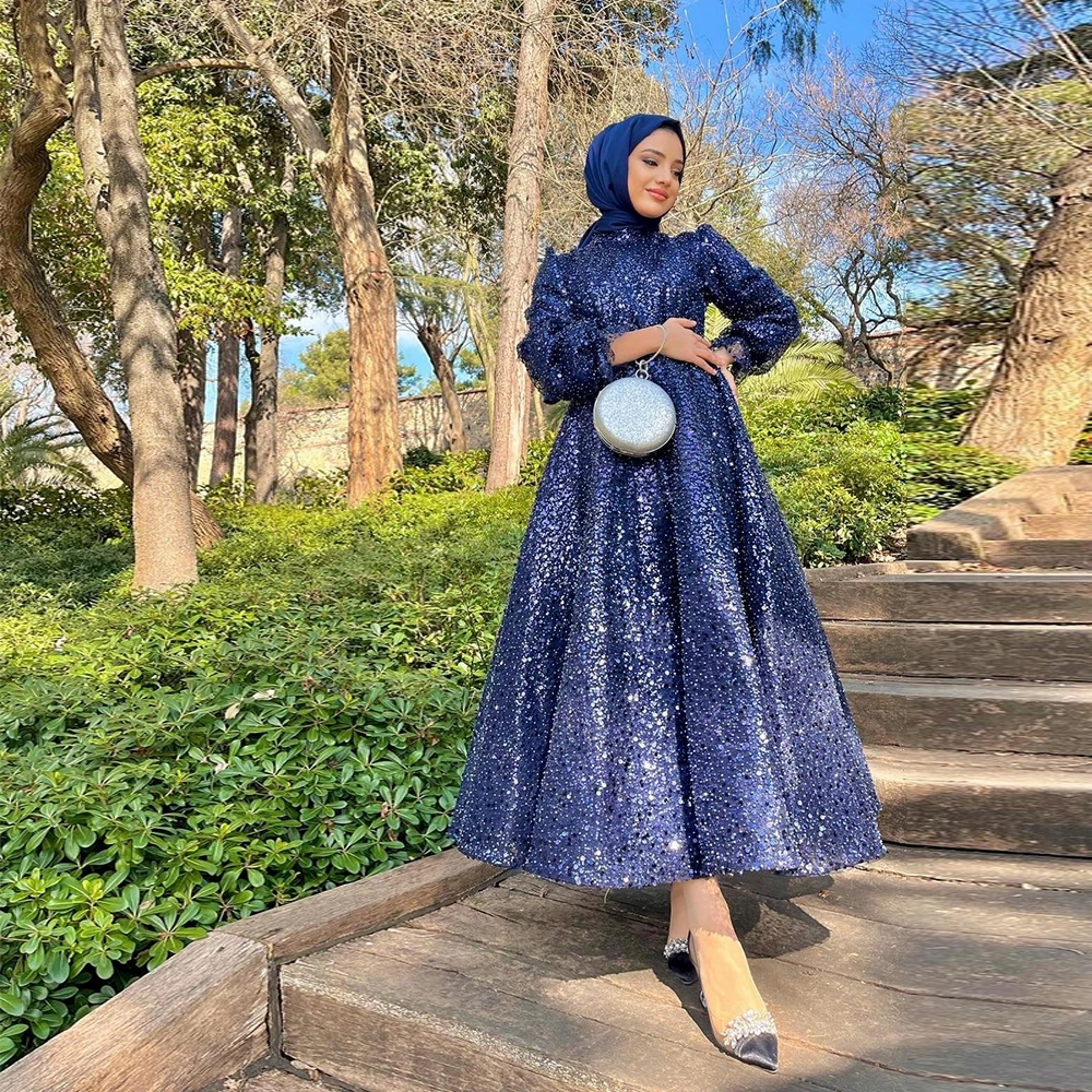 Navy Blue Muslin Evening Dresses for Women 2024 Full Sleeve Ankle Length Prom Gowns with Sequined Islamic Robe De Soirée Summer