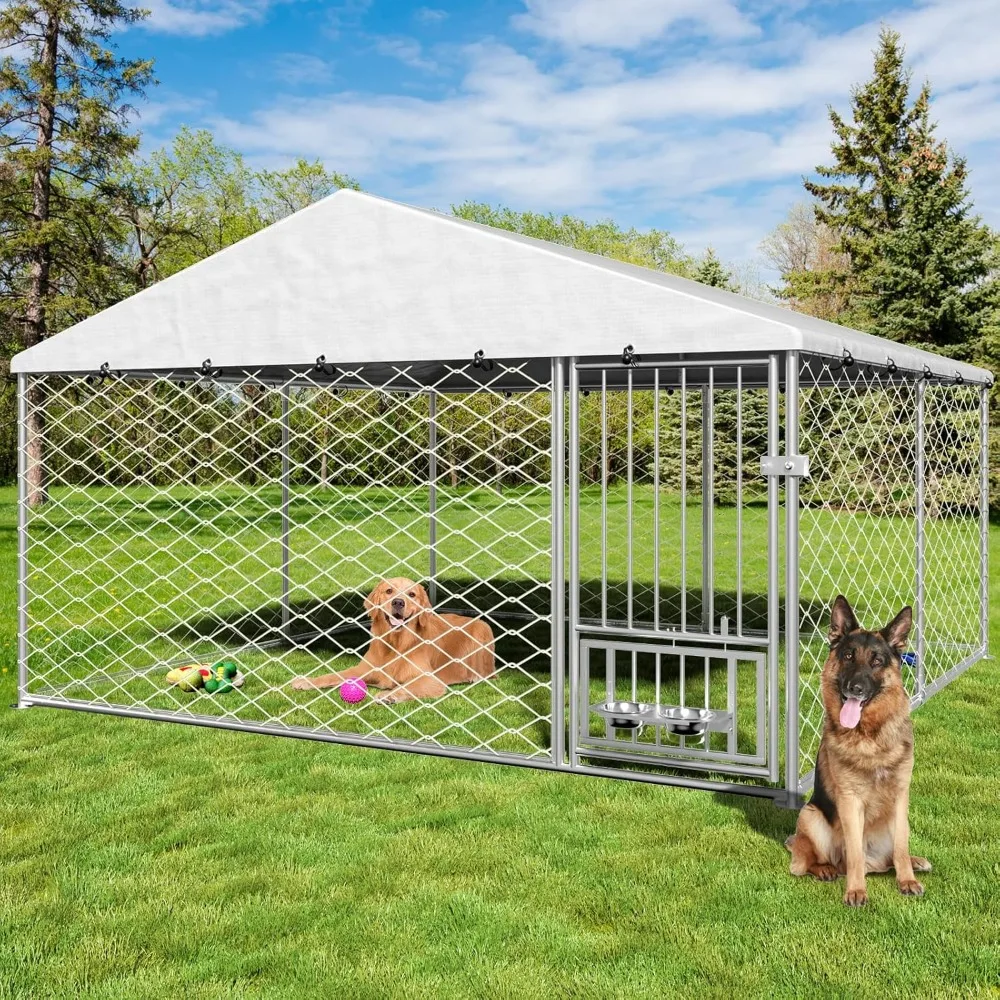 

Heavy Duty Dog Kennel, Outside Dog Kennel with Roof, Large Dog Kennel Outdoor with Waterproof Tarpaulin and Rotating Feeder