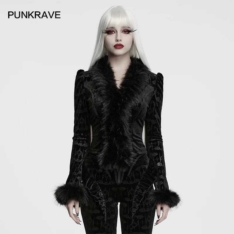 PUNK RAVE Women's Gothic Embossed Bat Pattern Velvet Shirt Slim Cutting Flared Sleeve Party Club Dark Top