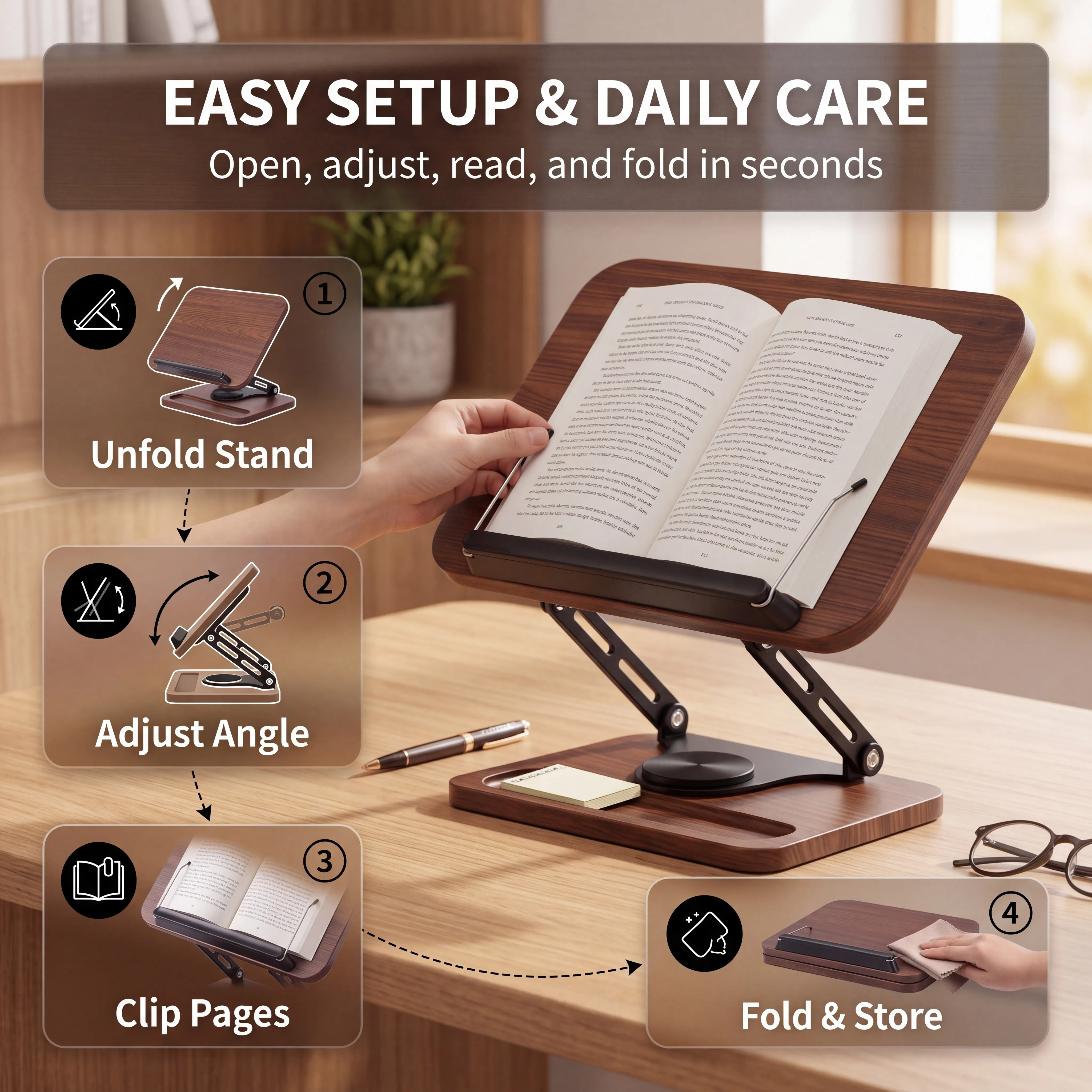 Jojok 360° Rotating Book Stand & Tablet Holder with Pen Holder, Adjustable Page Clamp for Hands-Free Reading, Eco-Friendly Study Accessory, Wooden Panel