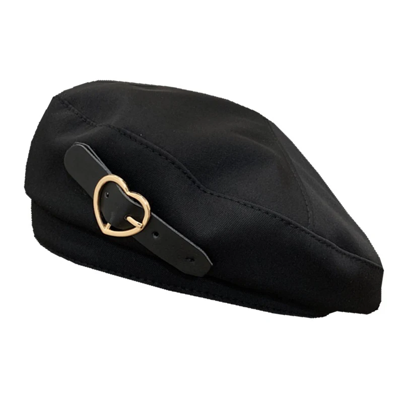 New Metal Love Heart Buckle Black Berets Autumn Winter Warm Hip Hop Hats Vintage Elegant Women Girls Decorative Cap