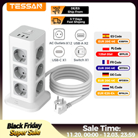 TESSAN 12 Compartment Multiple Socket Outlet with USB C Multiple Socket Outlet Tower with Switch Extension Cable for Home 3600W