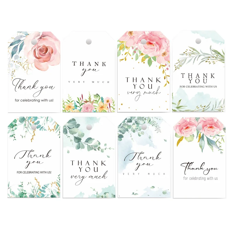 Thank You Tag Flower Print Paper Cards Small Goods Gift Present Package Hang Tag Labels Wedding Decoration DIY Crafts 48/50pcs