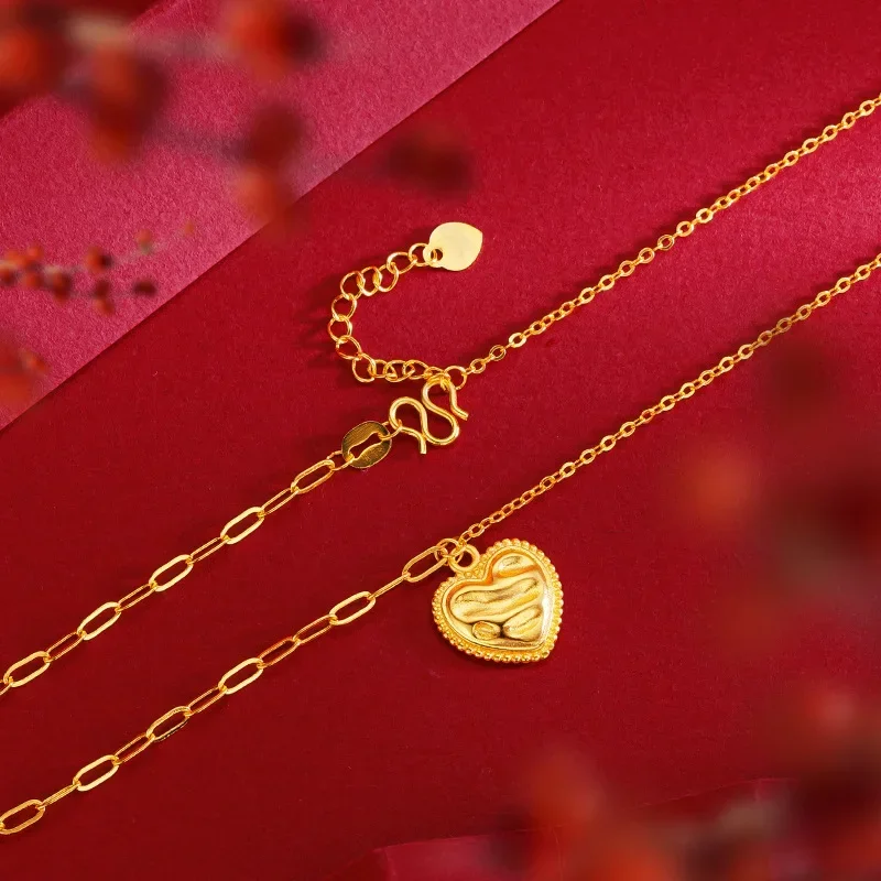 9999 Real Gold 24K Premium Heart Collarbone Necklace Flowing Gold Years Geometric Love Set Chain Necklace