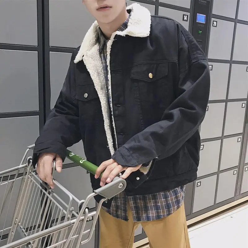 Thickened Fleece Winter Jacket for Men Youth Casual Style Long Sleeve Denim Coat with Stand Collar Button Closure Slim Fit