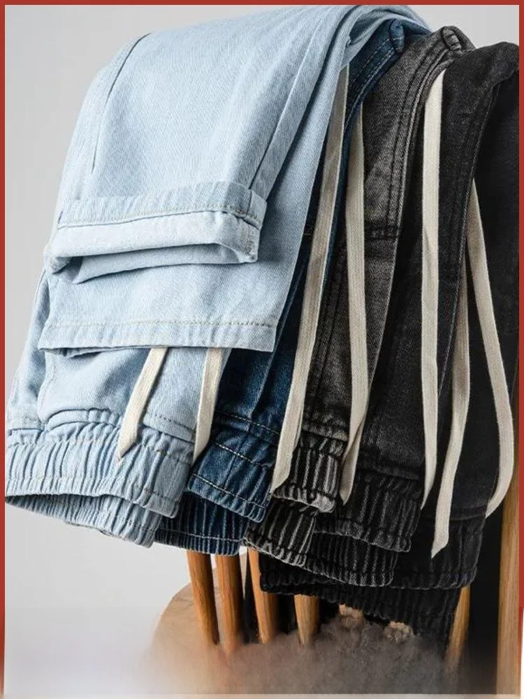 

New 2025 Men's Slim Fit Straight Leg Jeans Dstring Casual Thin Denim Pants Elastic Waist Long Trousers Line