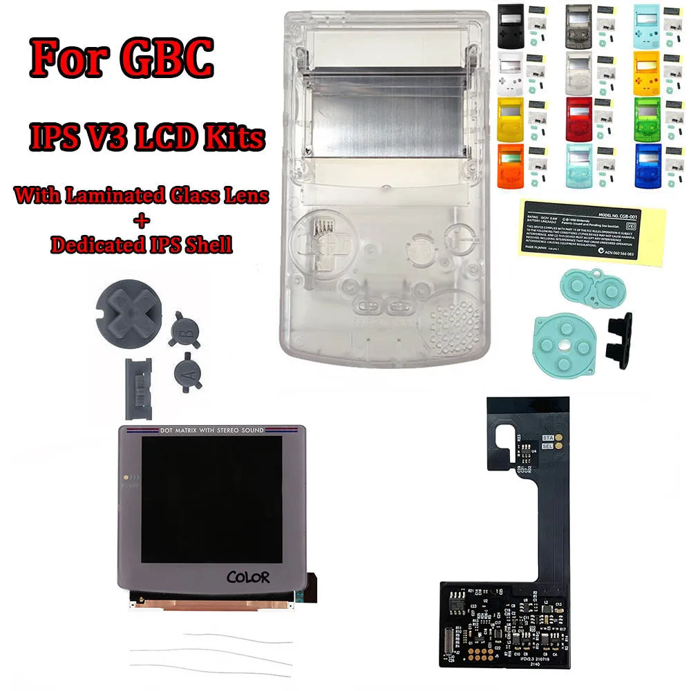 GB Grey IPS V3 Backlight Laminated Screen LCD Mod Kits Have OSD Menu Function for GBC GameBoy Color With Dedicated Pre Cut Shell