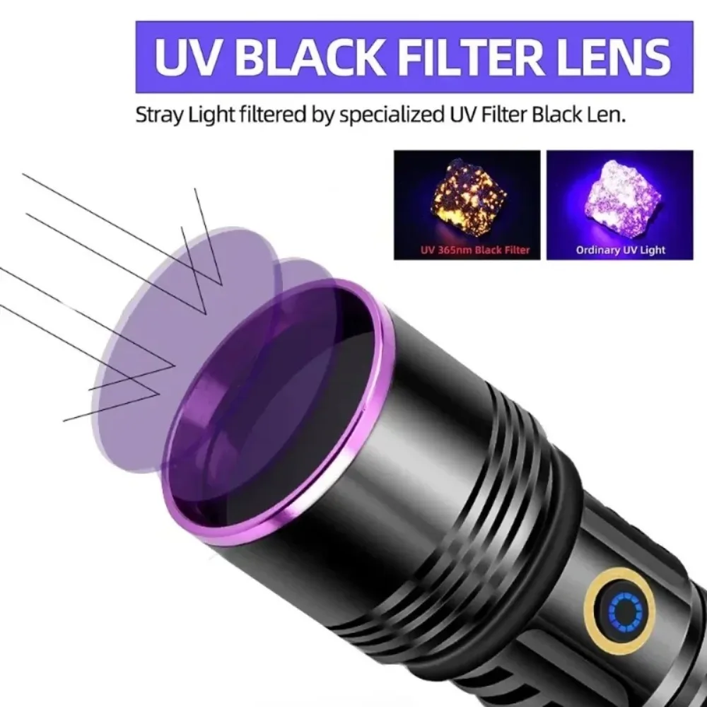 Powerful 365NM UV Flashlight USB Rechargeable Waterproof UV Scorpion Light for Pet Urine Stains Detector Use 26650 Battery