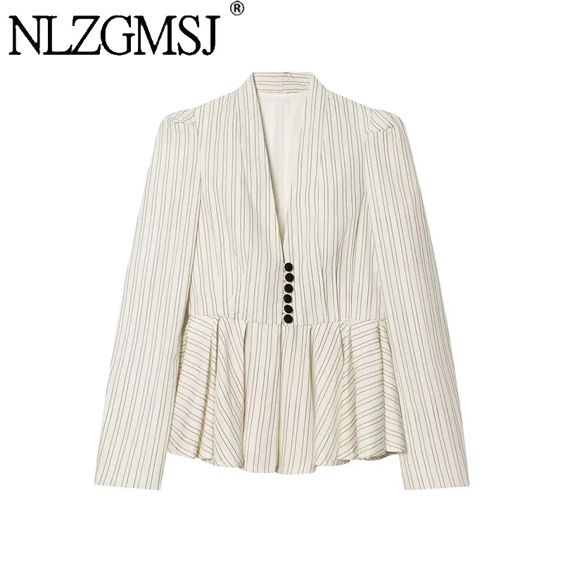 Nlzgmsj 2026 New Women's Striped High Waist Peplum Blazer Single Breasted Formal Office Elegant Jacket
