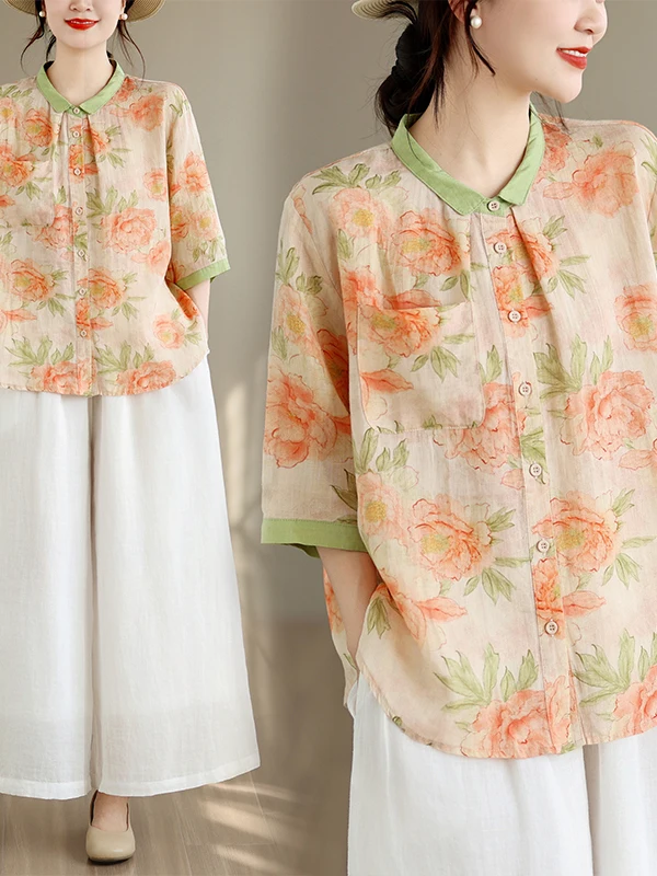 

High-End Women's Vintage Artistic Print Shirt Short Sleeve Loose Collar Thin Versatile Elegant Small Top Breathable Casual Style