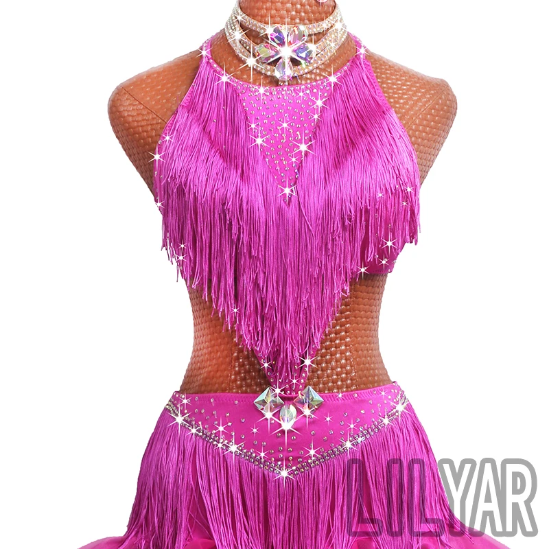 Trajes de dança espumantes para crianças, competição espumante, performance de dança latina, Cha Cha Dance Trajes, rosa vermelha, novo