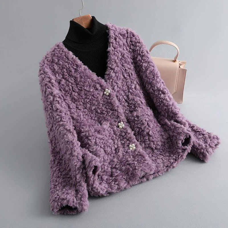 

Women's Slim Sheep Cut Fleece Faux Fur Coat 2023 New V-neck Fur Integrated Lamb Wool Coat Purple Button Embroidery Fashion Coat