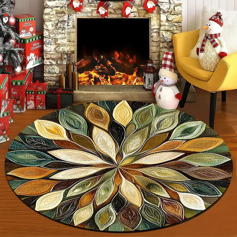 Boho Mandala Fall Leaf Print Circular Rug  Retro Green Brown Leaf Pattern Anti Slip Round Doormat Indoor Fireplace Decor Carpet