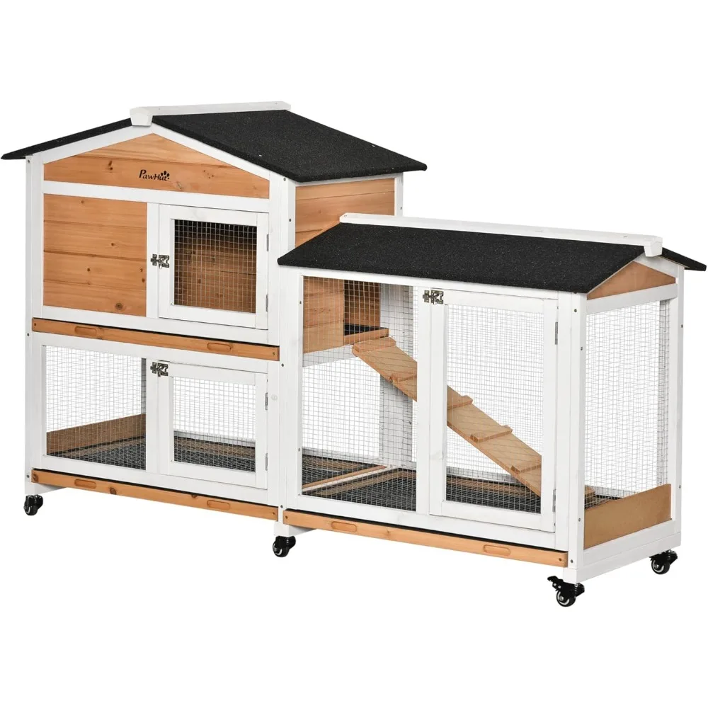 

62" Rabbit Hutch, Wooden Bunny Hutch, Guinea Pig Cage, Small Animal Enclosure with Wheels, Run Area, Removable Tray, Asphalt Ro