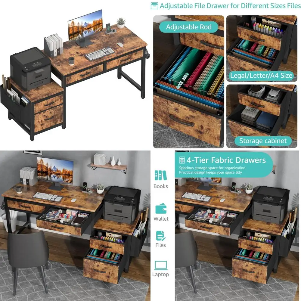 مكتب خزانة ملفات بأدراج قماشية مع حامل طابعة، مكتب مكتب منزلي مقاس 57 بوصة للمساحات الصغيرة