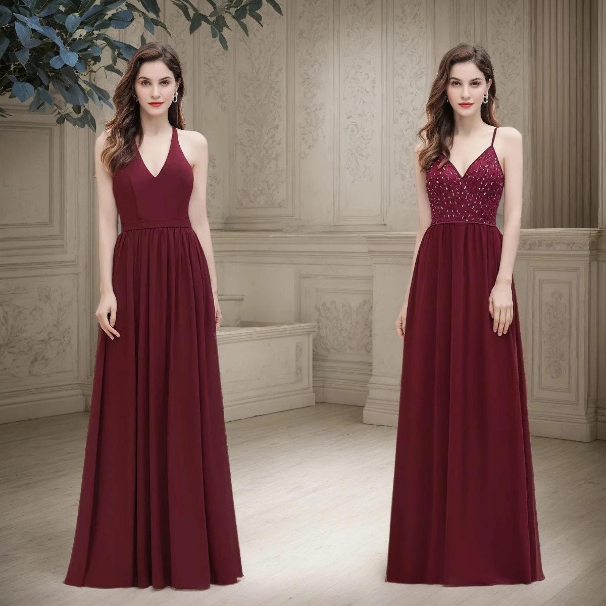 

Burgundy Sling Evening Dresses Sexy Spaghetti Straps V-Neck Sequins Backless Prom Dress A-Line Floor-Length Party Vestidos