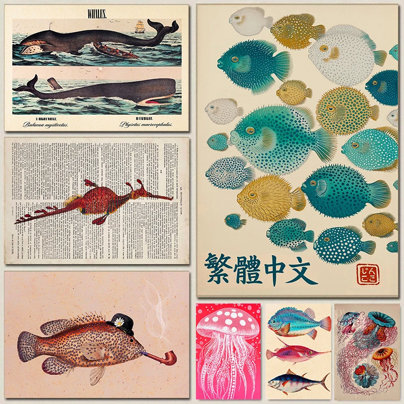 Vintage Sea Life Encyclopedia Posters Whales Six Seahorses Pufferfish Modern Prints Canvas Wall Art Pictures Home Room Decor