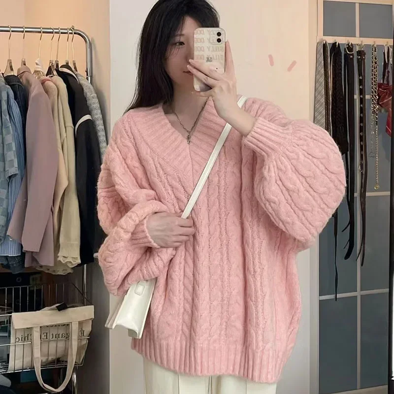 Autumn Winter Women Sweater Harajuku Oversized Long Sleeve V Neck Knitted Pullover Korean Loose Solid Preppy All Match Jumper