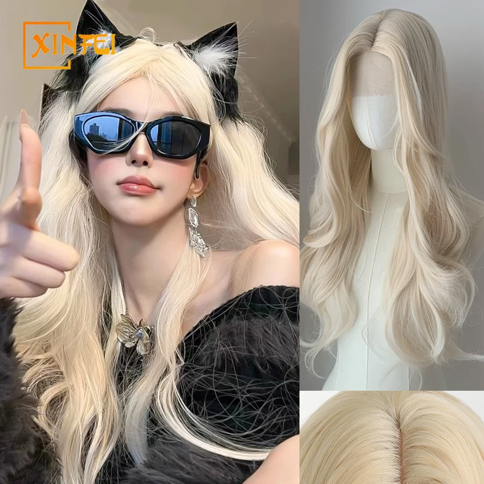 

XINFEI White Gold Long Curly Synthetic Wig High Quality Fashion Big Wave Bangs Women's Hair Wig