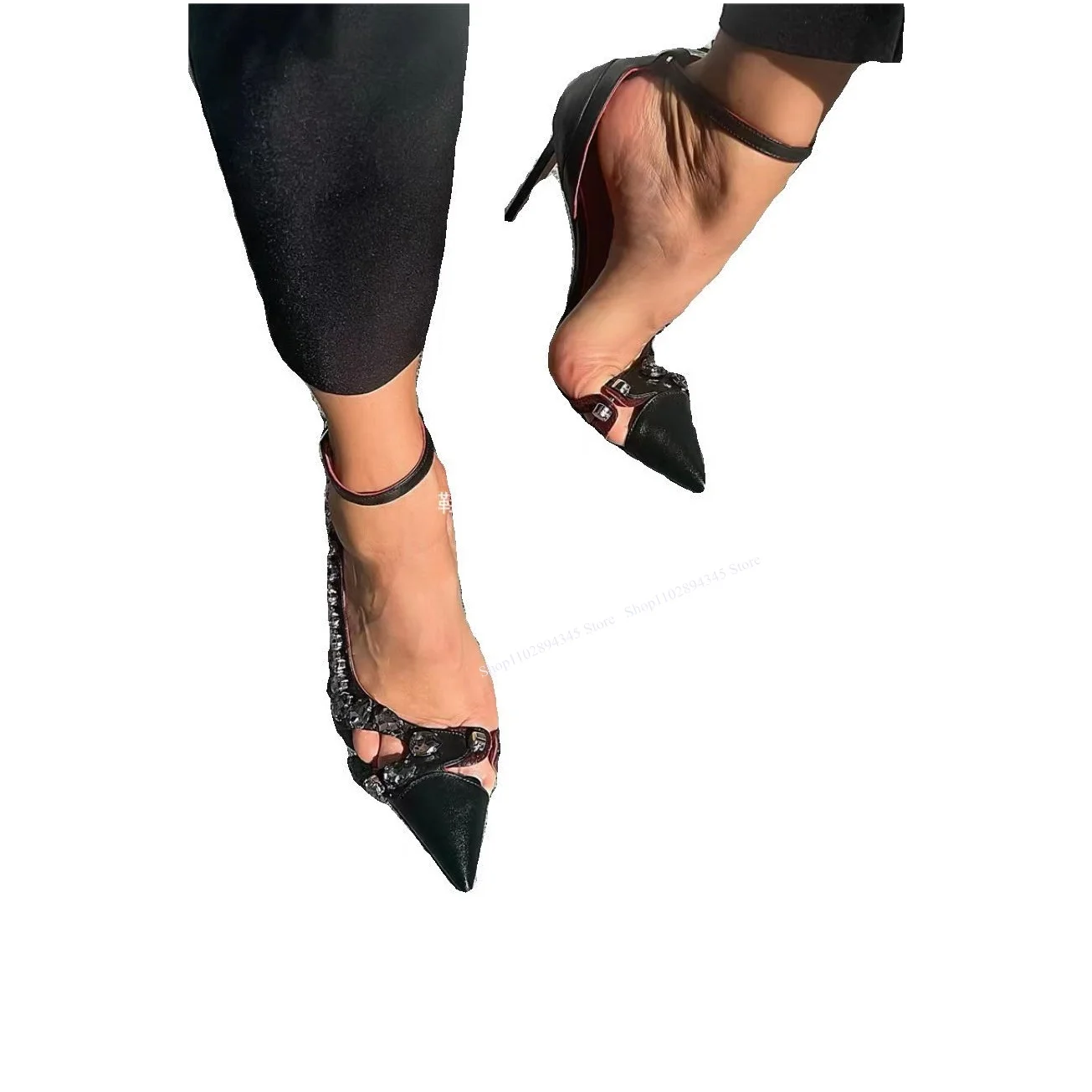 Black Slip On Hollow Rivet Pumps Thin High Heel Pointed Toe Cool Fashionable Sexy Summer Big Size Woman Shoes Zapatillas Mujer