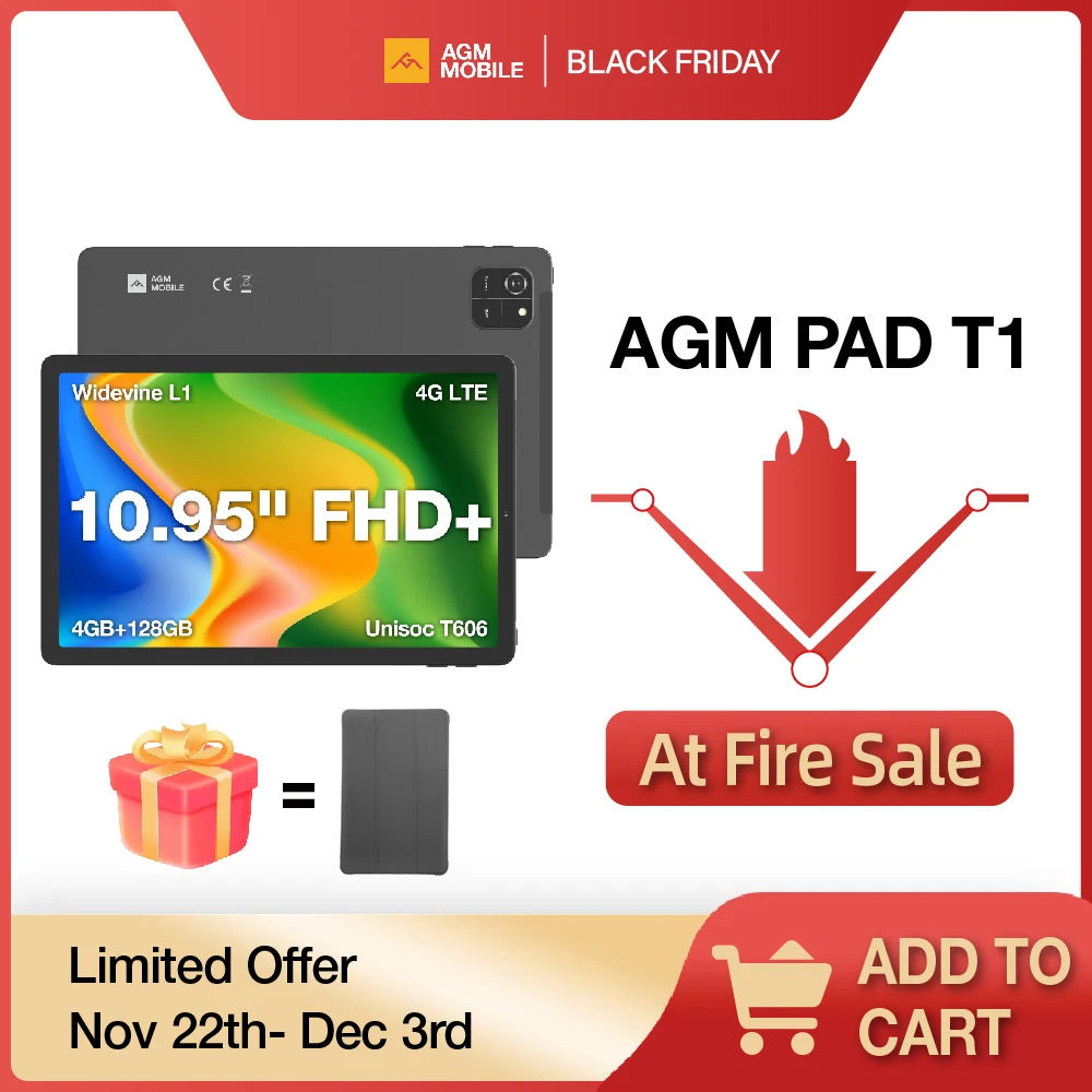 AGM PAD T1 Tablet 10.95 inch 1200*1920 FHD+ Screen  8（4+4）GB RAM 128GB ROM 4G LTE Android 14 Unisoc T606 Tablets Widevine L1